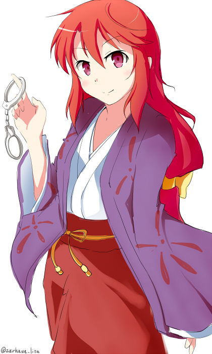 1girl, artist_name, cuffs, hair_ribbon, hakama, handcuffs, japanese_clothes, kimono