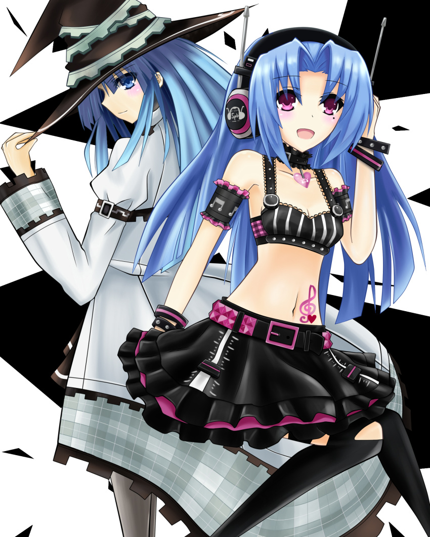 2girls, 5pb_(choujigen_game_neptune), blue_eyes, blue_hair, choujigen_game_neptune, hat, highres, long_hair