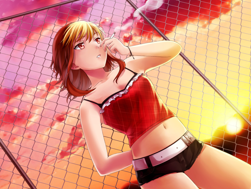 1girl, against_fence, arm_behind_back, audrey_belrose, belt, blonde_hair, bracelet, brown_hair