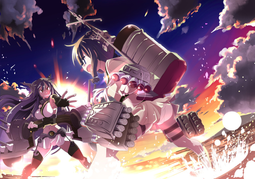 2girls, bare_shoulders, black_hair, braid, clouds, elbow_gloves, gloves, hairband, headgear, kantai_collection, kazekawa_nagi, kitakami_(kantai_collection), long_hair, multiple_girls, nagato_(kantai_collection), ocean, red_eyes, school_uniform, serafuku, skirt, sky, sunset, thigh-highs, torpedo, turret