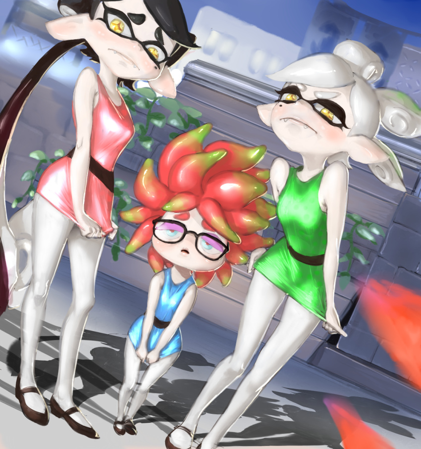 +_+, 3girls, anemo_(splatoon), aori_(splatoon), bare_shoulders, black-framed_glasses, black_hair, blossom_(ppg)