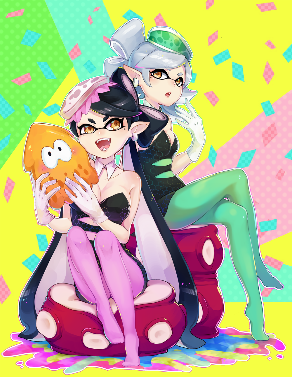 +_+, 2girls, :d, :o, bare_shoulders, black_hair, blush, breasts
