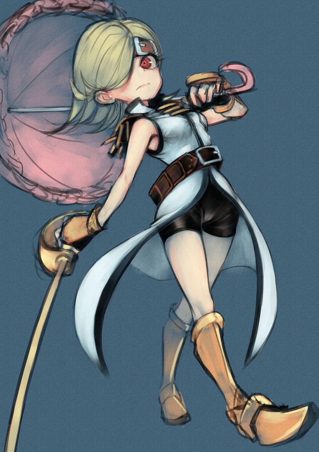 1girl, belt, bike_shorts, blonde_hair, blue_background, boku_to_maou, boots, brown_boots, highres, holding, holding_sword, holding_umbrella, holding_weapon, red_eyes, rosaly, saber_(weapon), short_hair, simple_background, solo, sword, umbrella, weapon, yunoji_(makuswel)