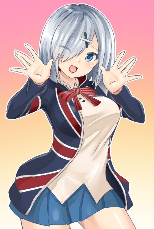 1girl, :d, blue_eyes, blush, bow, bowtie, breasts, cosplay, cowboy_shot, gradient, gradient_background, hair_ornament, hair_over_one_eye, hairclip, hamakaze_(kantai_collection), jacket, kantai_collection, kin-iro_mosaic, kujou_karen, kujou_karen_(cosplay), long_sleeves, one_eye_closed, open_mouth, pleated_skirt, school_uniform, short_hair, silver_hair, sin_(kami148), skirt, smile, solo, striped, striped_bowtie, union_jack