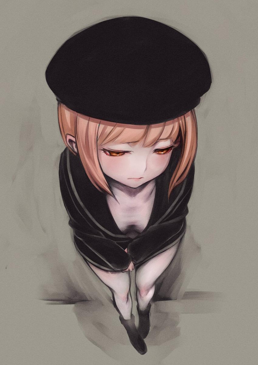1girl, breasts, cleavage, from_above, highres, kantai_collection, long_sleeves, orange_eyes