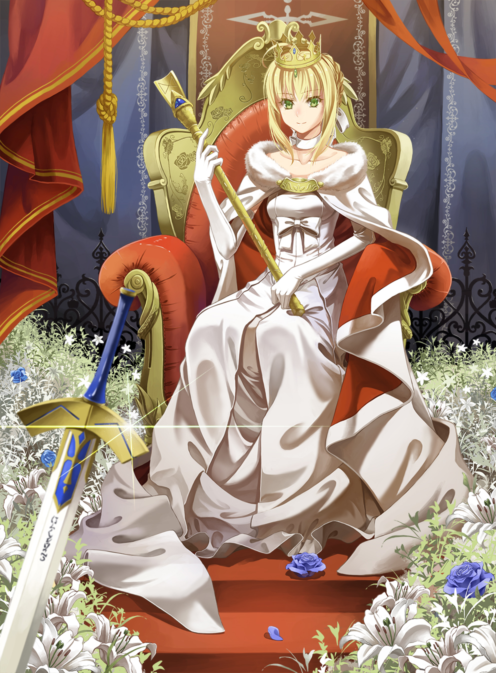 1girl, artoria_pendragon_(all), blonde_hair, blue_rose, choker, cross_akiha, crown, dress