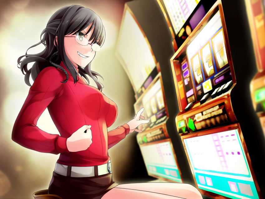 1girl, aiko_yumi, black_hair, breasts, casino, clenched_hand, fist_pump, gambling