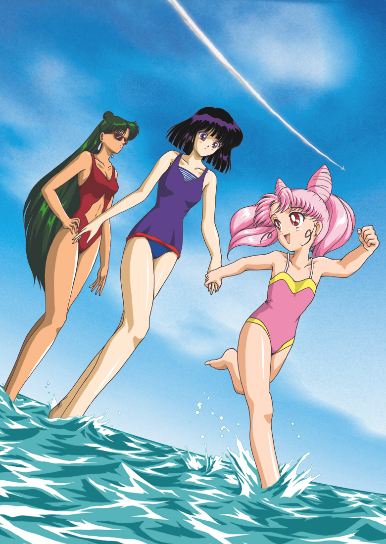 3girls, bishoujo_senshi_sailor_moon, black_hair, bob_cut, casual_one-piece_swimsuit, chibi_usa, double_bun, earrings