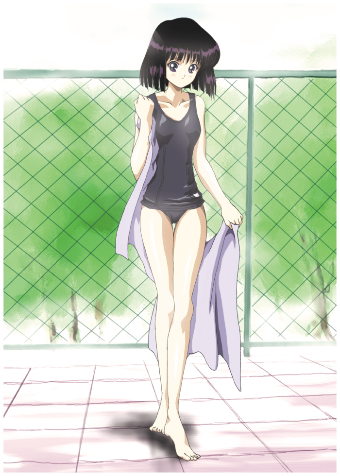 1girl, bishoujo_senshi_sailor_moon, black_hair, black_school_swimsuit, bob_cut, chain-link_fence, fence, hino_ryutaro, school_swimsuit, short_hair, solo, standing, swimsuit, tomoe_hotaru, towel, violet_eyes