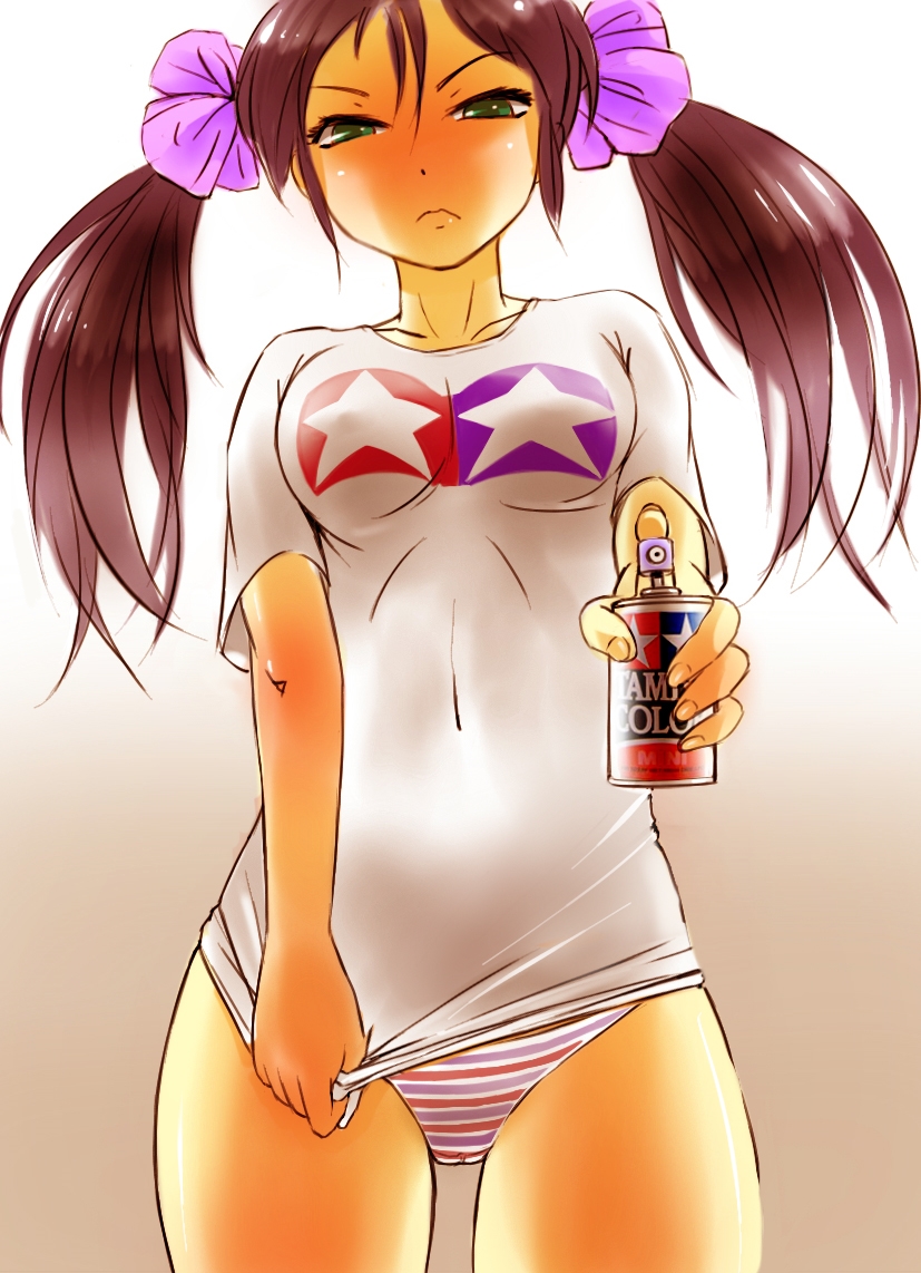 brown_hair, covered_navel, frown, green_eyes, long_hair, no_pants, onsen_tengoku, original