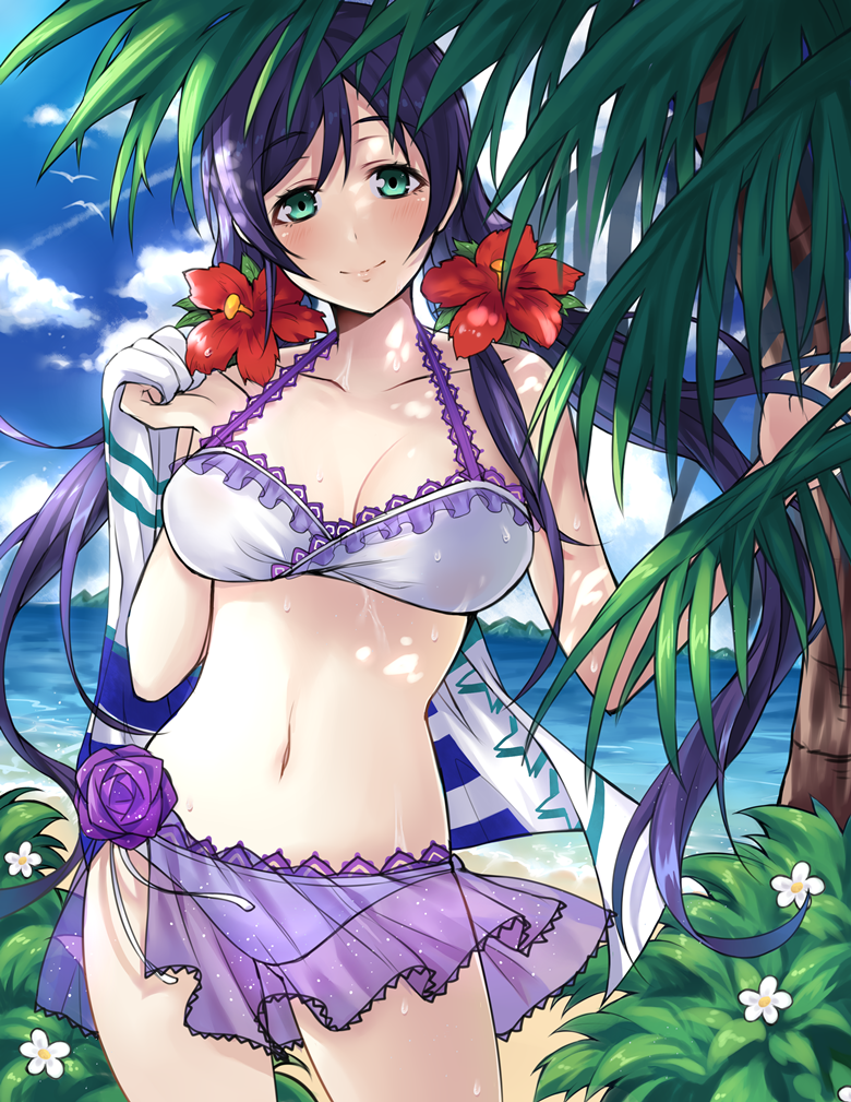 1girl, beach, bikini, black_box, blush, breasts, green_eyes, long_hair, looking_at_viewer, love_live!_school_idol_project, palm_tree, purple_hair, smile, solo, swimsuit, toujou_nozomi, towel, tree, twintails