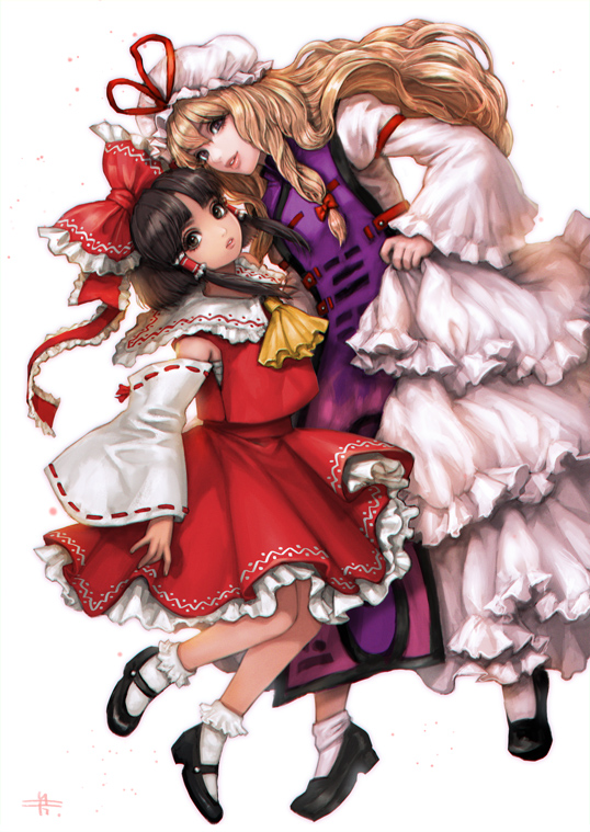 2girls, ascot, black_hair, black_shoes, blonde_hair, bow, detached_sleeves, dress, dress_grab, expressionless, frilled_bow, frilled_collar, frilled_dress, frilled_hat, frilled_legwear, frilled_skirt, frilled_sleeves, frills, hair_bow, hair_tubes, hakurei_reimu, hat, hat_ribbon, layered_dress, lips, long_hair, looking_at_viewer, looking_to_the_side, mary_janes, mitsuya, mob_cap, multiple_girls, nose, parted_lips, payot, red_skirt, ribbon, ribbon-trimmed_sleeves, ribbon_trim, sarashi, shoes, short_hair, signature, simple_background, skirt, sleeveless, smile, socks, tabard, teeth, touhou, very_long_hair, violet_eyes, white_background, white_dress, yakumo_yukari, yellow_eyes