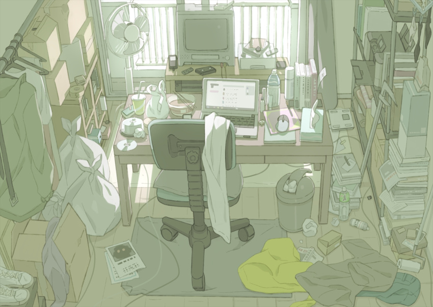 bag, bottle, box, caliper, cd, cd_case, chair, computer, computer_mouse, fan, laptop, messy_room, muted_color, napkin, no_humans, office_chair, original, paint_roller, paper, pillow, printer, shirt, shoes, sneakers, table, tagme, television, tomioka_jirou, trash_can
