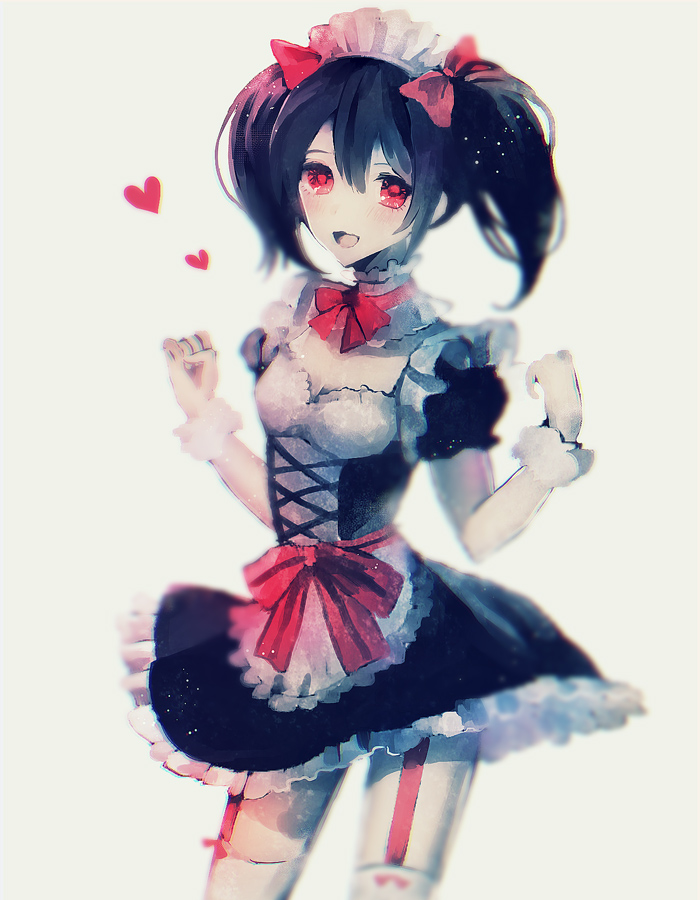 1girl, black_hair, blurry, bow, dress, error501, frilled_choker, frilled_dress, frills, garter_straps, hair_bow, heart, lace-up_top, looking_at_viewer, love_live!_school_idol_project, maid, maid_headdress, mogyutto_"love"_de_sekkin_chuu!, neck_ribbon, open_mouth, puffy_sleeves, red_eyes, ribbon, short_sleeves, simple_background, smile, solo, spot_color, standing, thigh-highs, two_side_up, white_background, white_legwear, wrist_cuffs, yazawa_nico