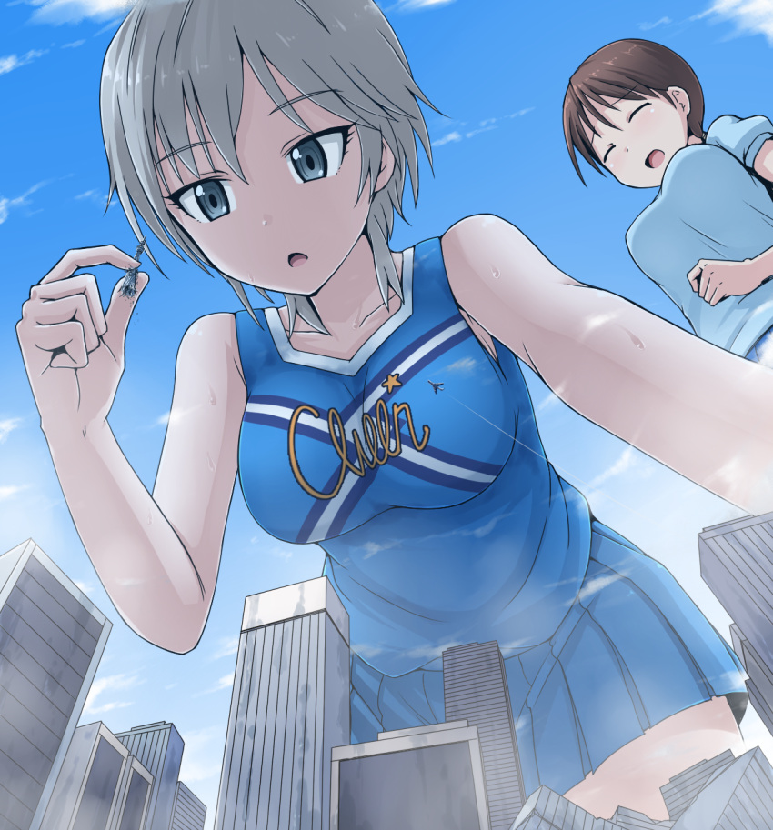 2girls, anastasia_(idolmaster), blue_eyes, brown_hair, cheerleader, city, closed_eyes, destruction