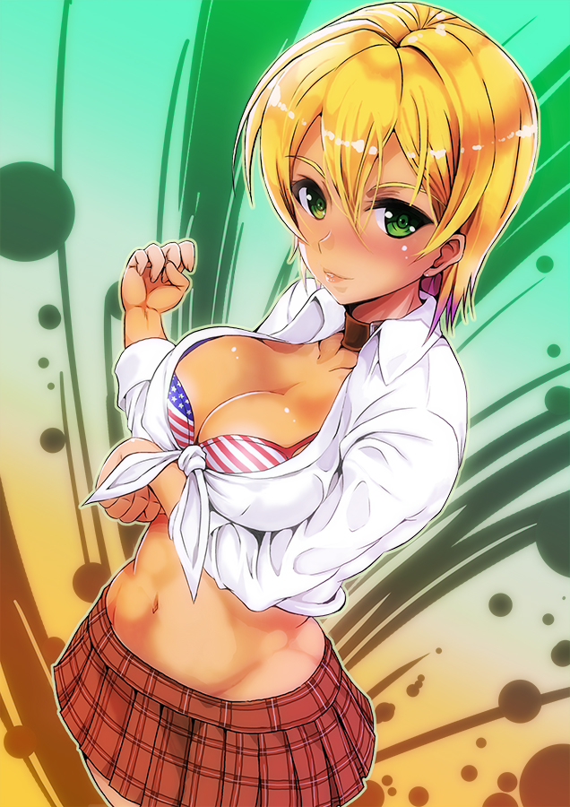 1girl, amari_yuki, american_flag_bikini, bikini, blonde_hair, blush, breasts, cleavage, collar, flag_print, green_eyes, looking_at_viewer, mito_ikumi, shokugeki_no_souma, short_hair, solo, swimsuit