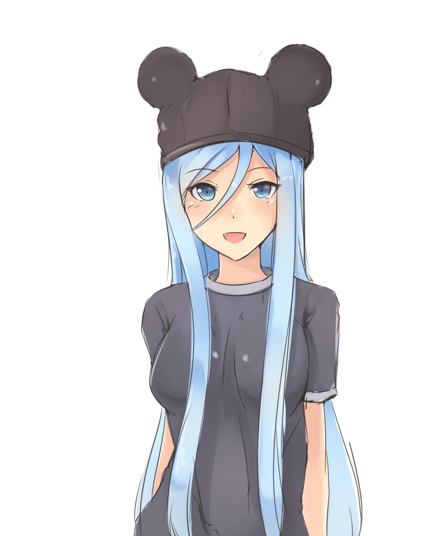 1girl, aoki_hagane_no_arpeggio, blue_eyes, blue_hair, blush, breasts, hair_between_eyes, hat