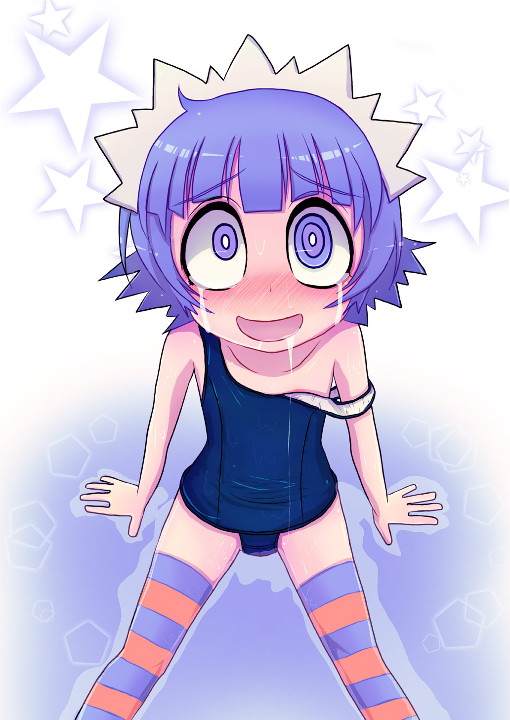 crazy_eyes, futaba_channel, highres, maid, nijiura_maids, one-piece_swimsuit, open_mouth, purple_eyes