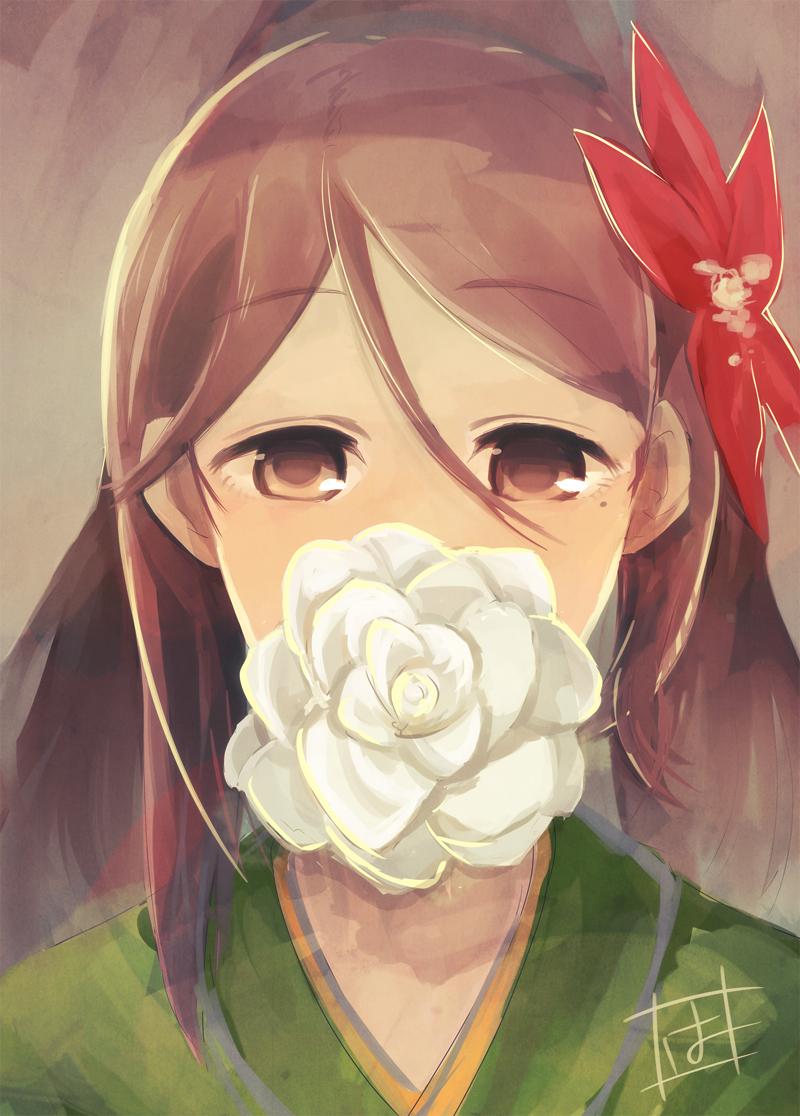 1girl, amagi_(kantai_collection), brown_eyes, brown_hair, covering_mouth, flower, furisode, hair_between_eyes
