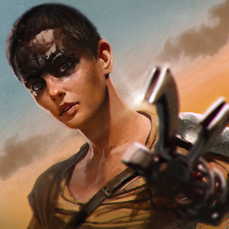 1girl, blurry, depth_of_field, ilya_kuvshinov, imperator_furiosa, looking_at_viewer, mad_max, mad_max:_fury_road, short_hair, solo, upper_body