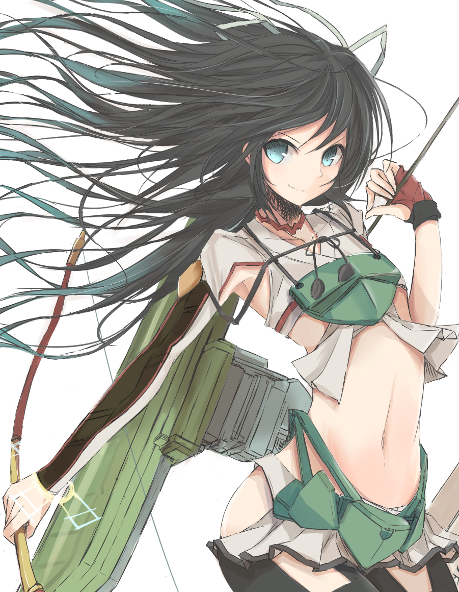 1girl, aqua_eyes, armor, arrow, asymmetric_gloves, black_hair, black_legwear, blue_eyes