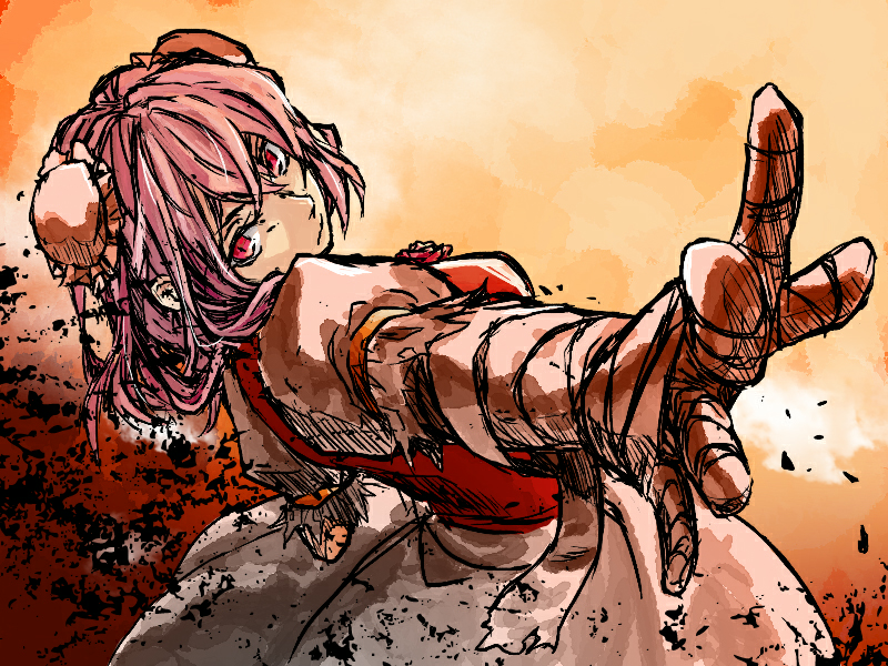 1girl, arched_back, bandages, bun_cover, cryolite, double_bun, ibaraki_kasen, long_skirt
