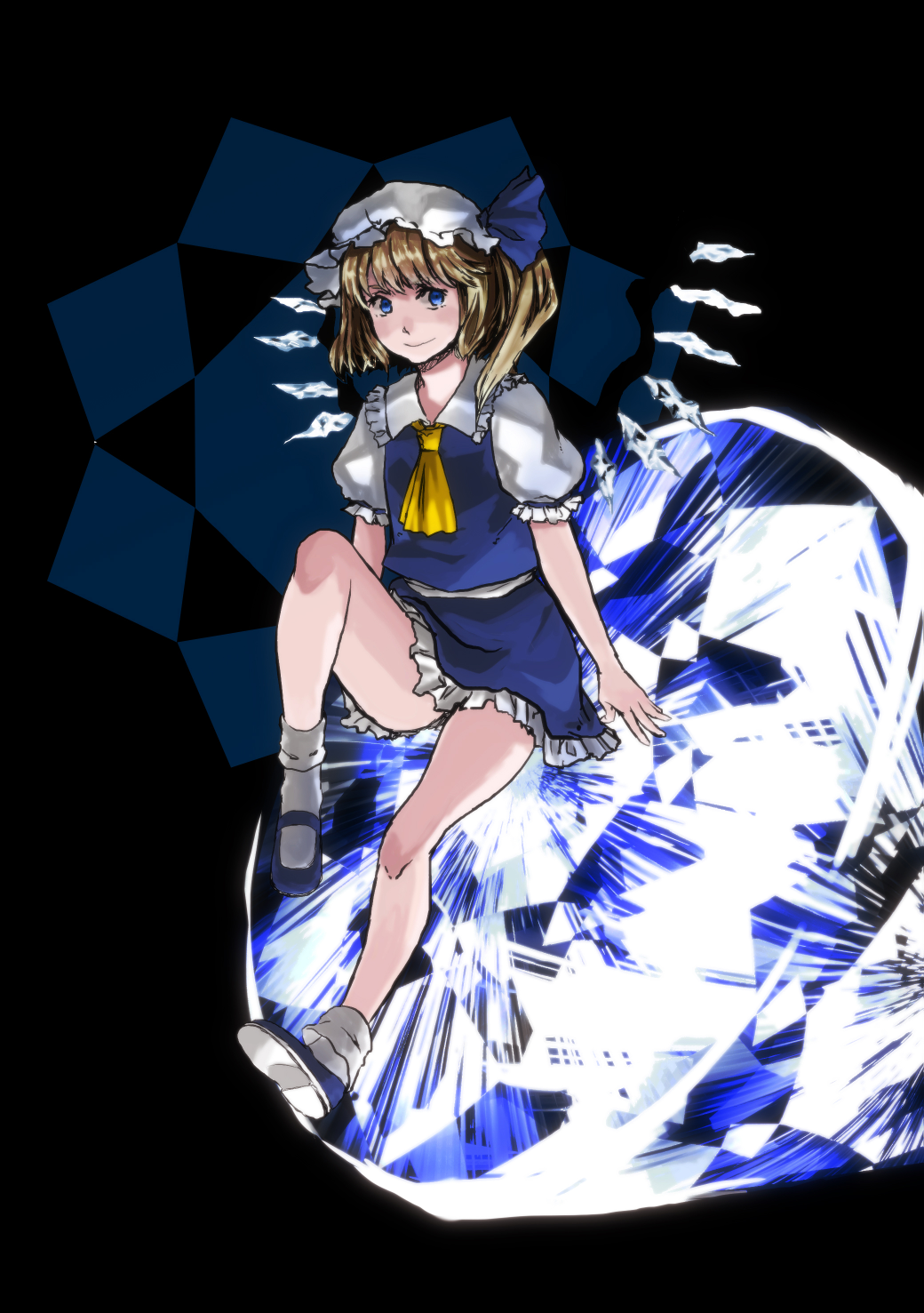 1girl, alternate_color, alternate_eye_color, blonde_hair, blue_eyes, cryolite, flandre_scarlet, flat_chest