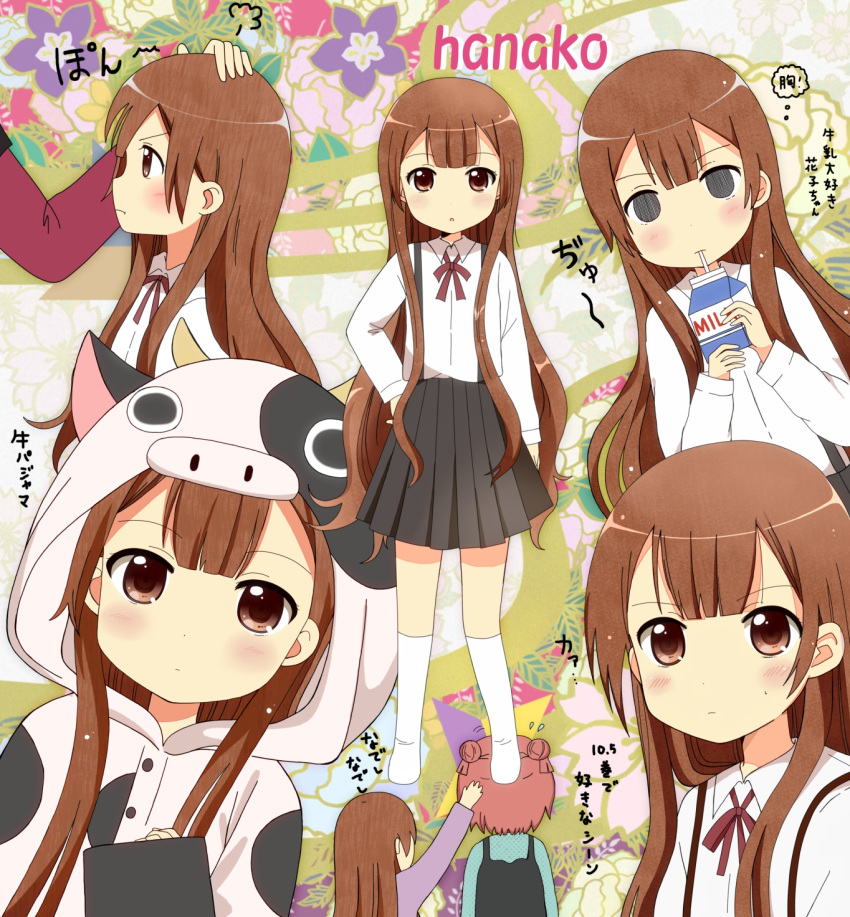 2girls, akaza_akari, animal_costume, brown_eyes, brown_hair, cow_costume, double_bun, dress
