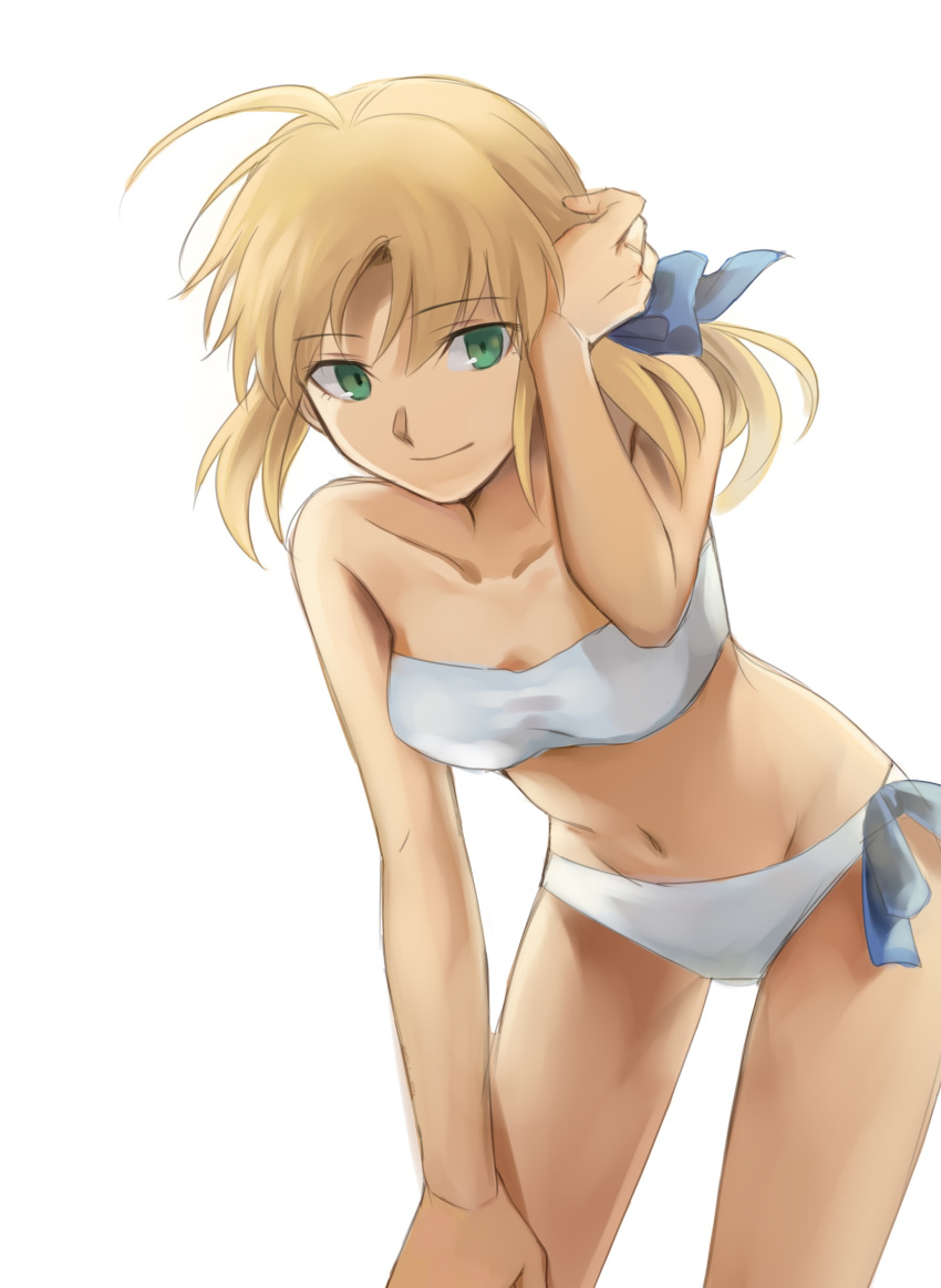 1girl, absurdres, adjusting_hair, ahoge, aokiku, bent_over, bikini, blonde_hair, fate/stay_night, fate_(series), green_eyes, highres, saber, smile, solo, swimsuit