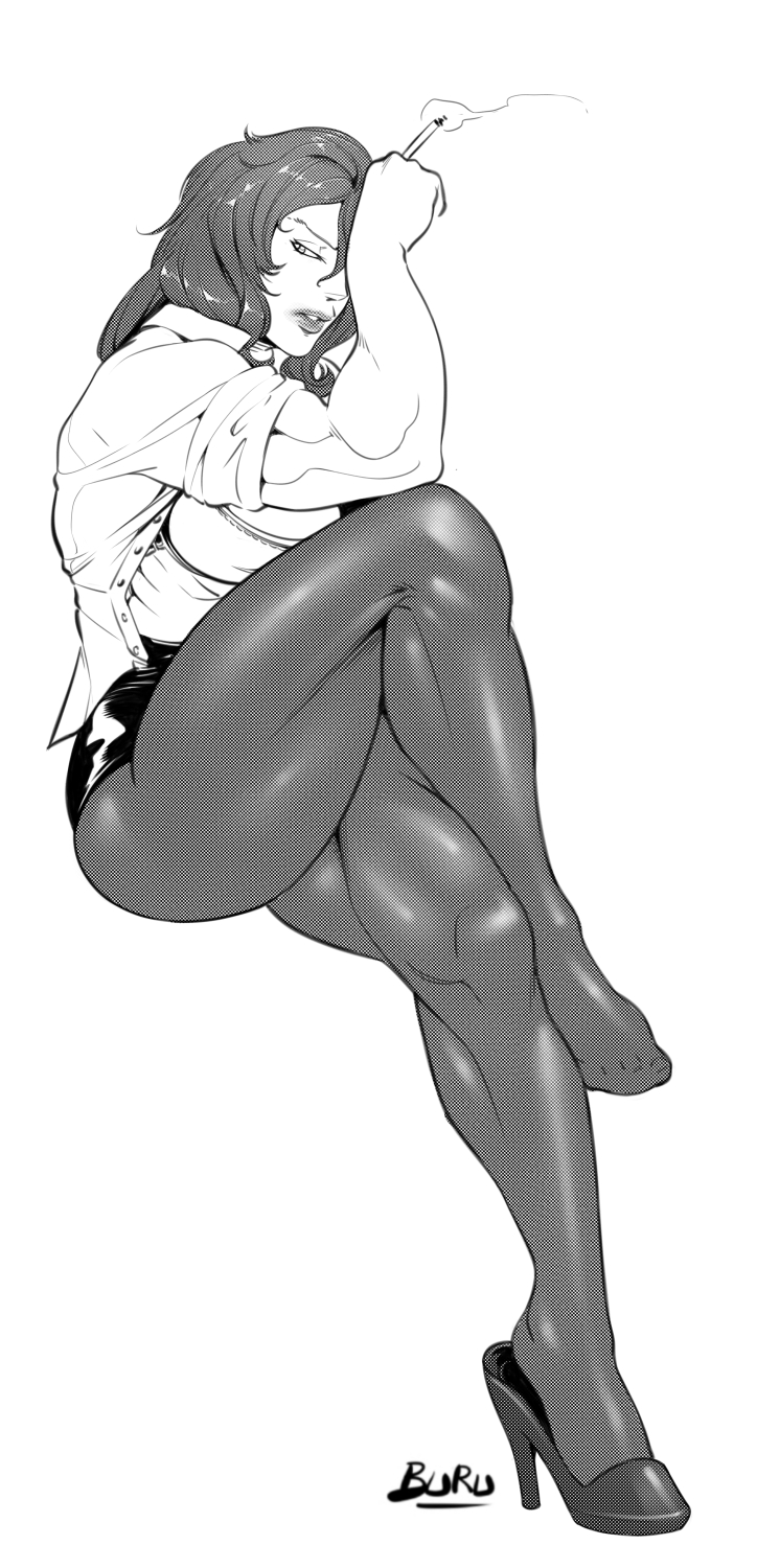 1girl, borrowed_character, breasts, buru, cigarette, crossed_legs, greyscale, hair_over_one_eye, high_heels, highres, large_breasts, lips, miniskirt, monochrome, muscle, nose, open_clothes, open_shirt, original, pantyhose, shirt, shoe_dangle, single_shoe, sitting, skirt, sleeves_rolled_up, smoking, solo, thick_thighs, thighs
