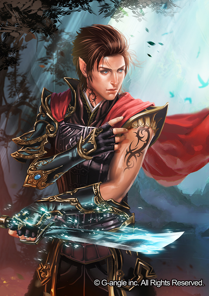 armor, asymmetrical_clothes, bird, blue_eyes, brown_hair, cape, elf, gauntlets