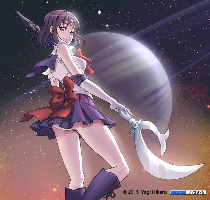 artist_name, bangs, bishoujo_senshi_sailor_moon, brown_eyes, dated, elbow_gloves, forehead_jewel, from_behind, gloves, headband, miniskirt, panties, pleated_skirt, purple_hair, ribbon, sailor_saturn, saturn, short_hair, silence_glaive, skirt, sky, space, staff, star_(sky), starry_sky, tomoe_hotaru, underwear, white_gloves, yagi_hikaru