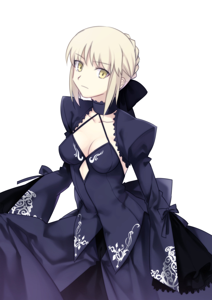 1girl, absurdres, aokiku, black_dress, blonde_hair, braid, breasts, choker, cleavage, dress, fate/stay_night, fate_(series), highres, looking_at_viewer, pale_skin, saber, saber_alter, sleeves_past_wrists, solo, yellow_eyes