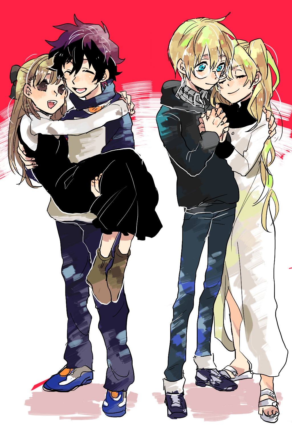 2boys, 2girls, black_(kekkai_sensen), brother_and_sister, carrying, closed_eyes, highres, hug