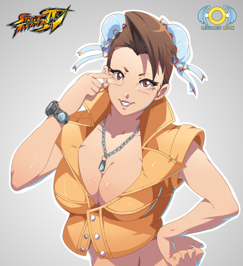 1girl, artist_name, breasts, brown_eyes, brown_hair, bun_cover, charlie_nash, charlie_nash_(cosplay), chun-li, cleavage, copyright_name, cosplay, dog_tags, double_bun, error, glasses, hand_on_hip, highres, large_breasts, lendario_rick, lips, midriff, rimless_glasses, solo, street_fighter, street_fighter_iv, upper_body, vest, watch, watch