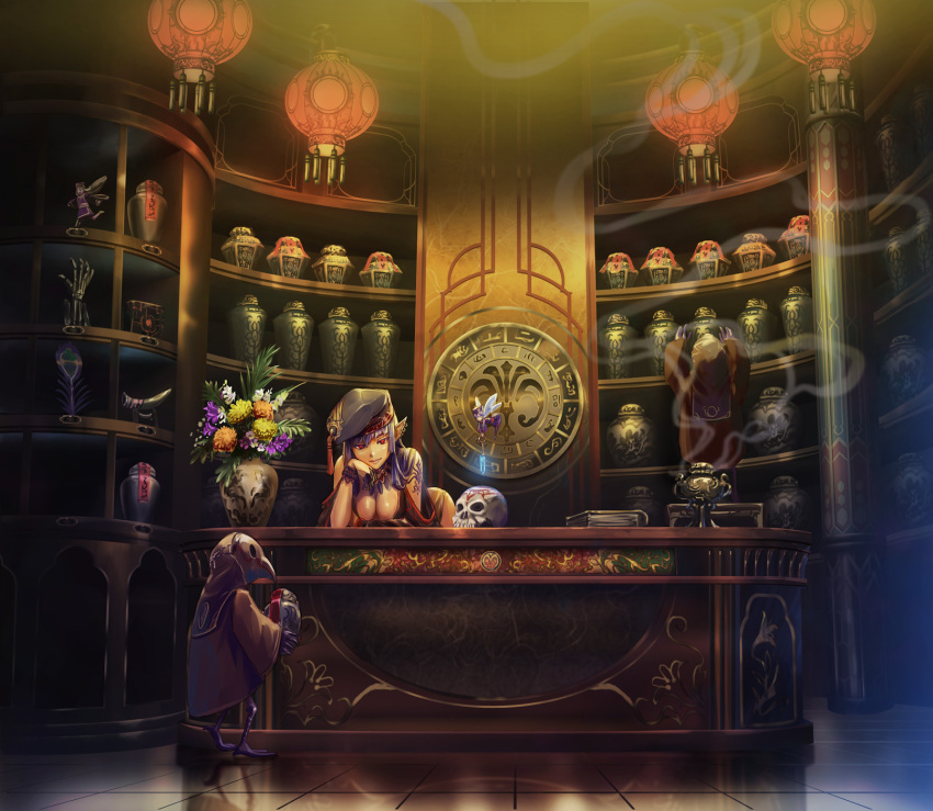 1girl, bird, breasts, chin_rest, crow, hat, highres, iceojin