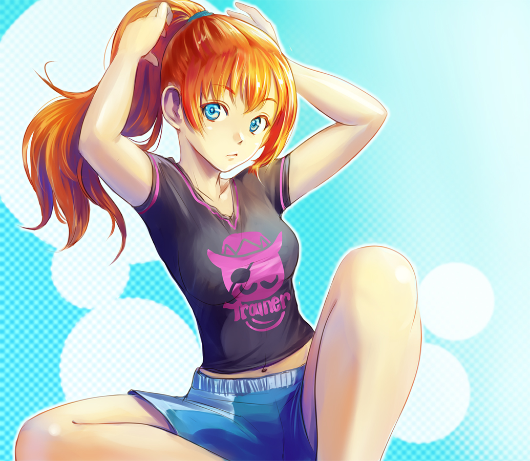 1girl, adjusting_hair, blue_eyes, iceojin, long_hair, looking_at_viewer, orange_hair, original