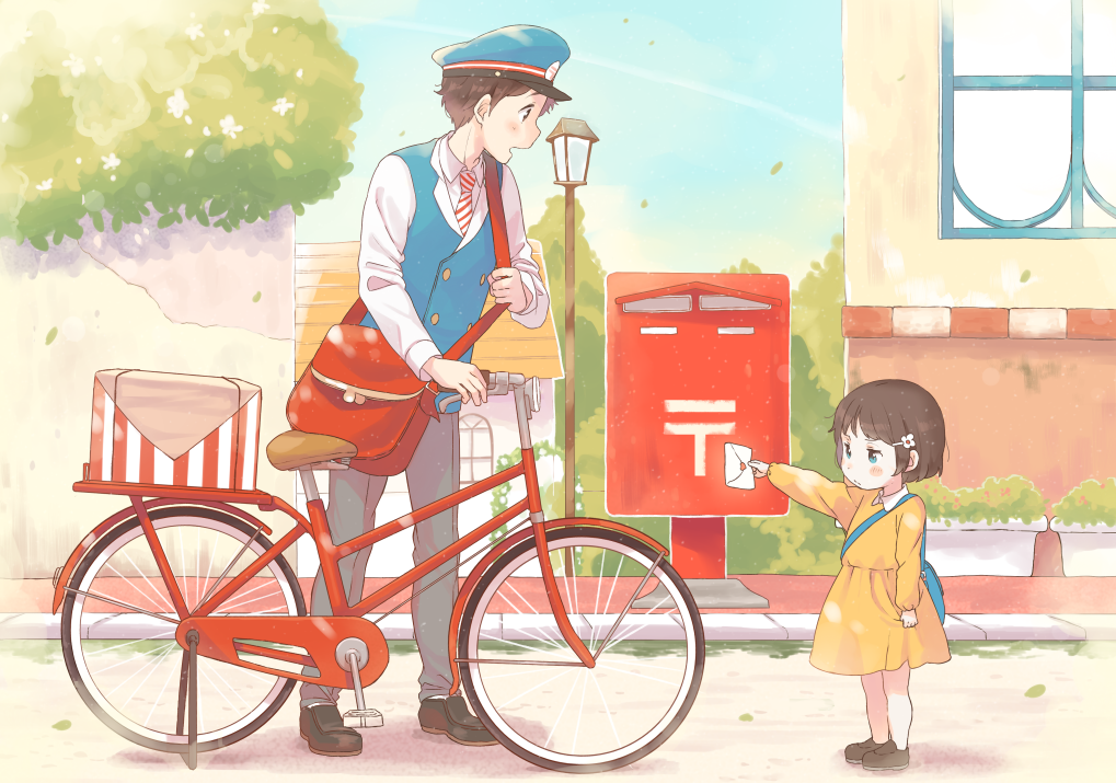 1boy, 1girl, age_difference, backpack, bag, bicycle, black_eyes, blue_eyes