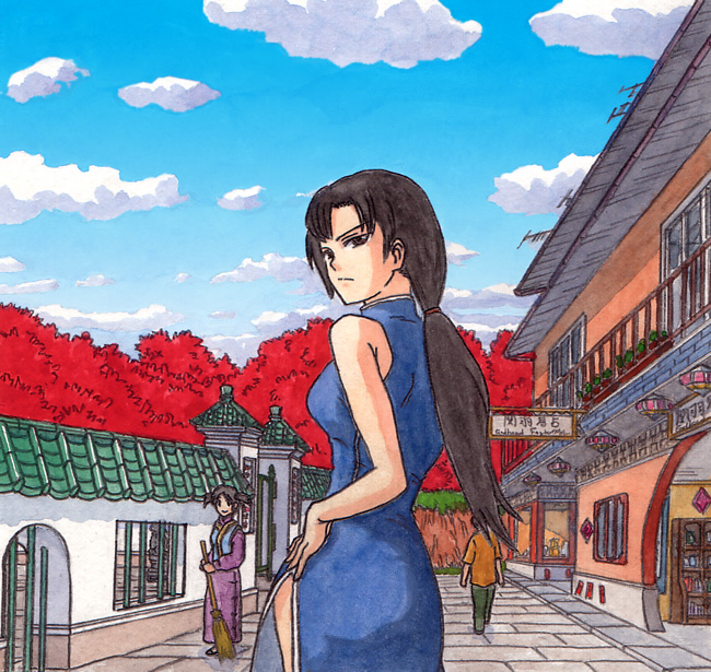 2girls, black_hair, blue_dress, broom, china_dress, chinese_clothes, dress, hand_on_hip
