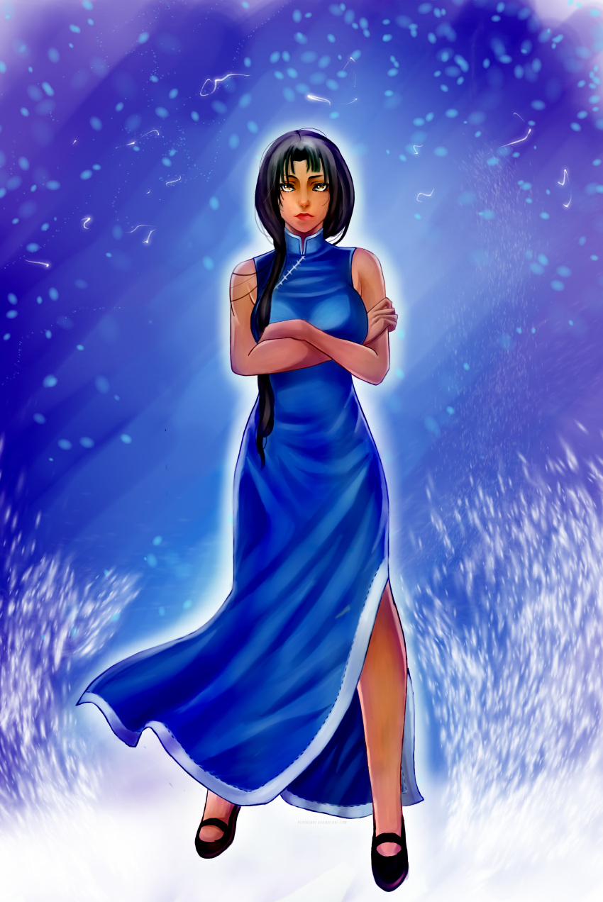 1girl, absurdres, black_hair, blue_dress, breasts, china_dress, chinese_clothes, crossed_arms