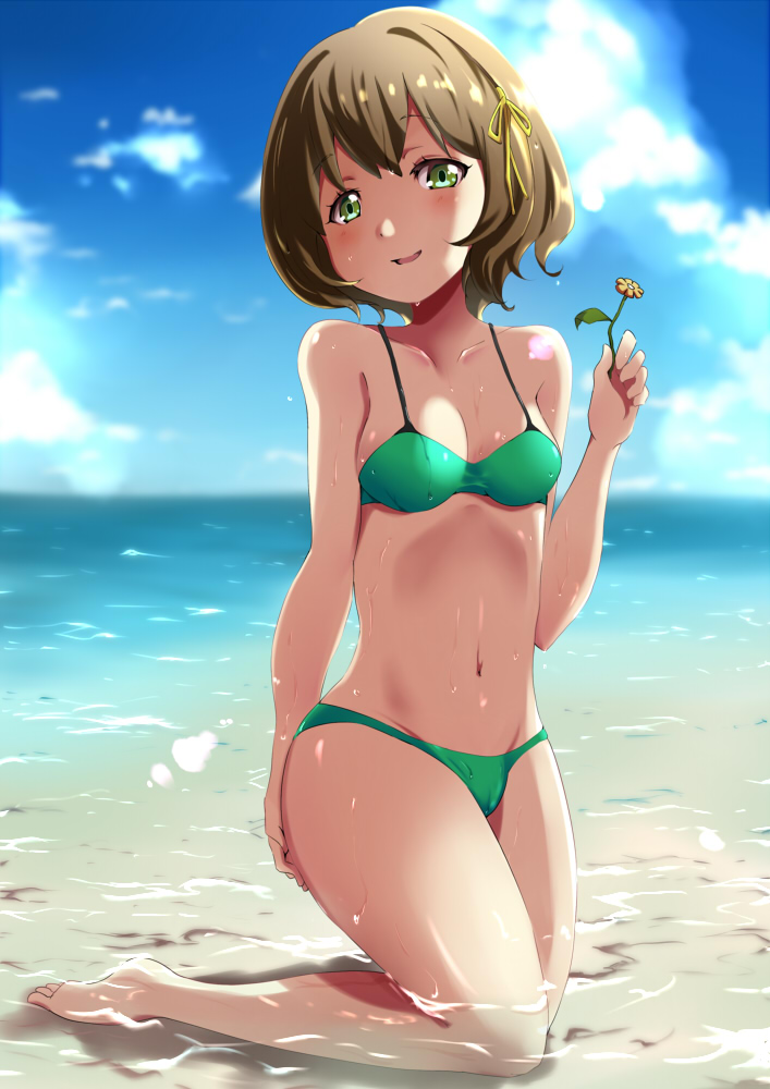 1girl, bikini, brown_hair, flower, green_eyes, kneeling, ocean, rahaaru_c, short_hair, swimsuit, tokyo_7th_sisters, wanibuchi_emoko