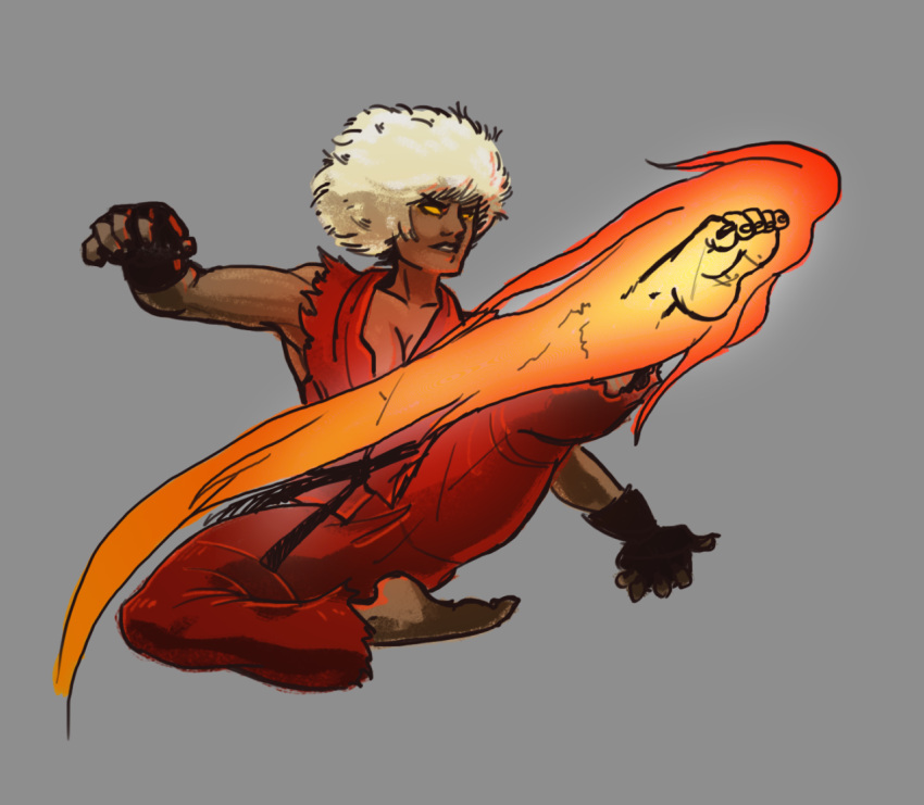 1boy, afro, barefoot, dark_persona, dark_skin, dougi, fingerless_gloves, fire