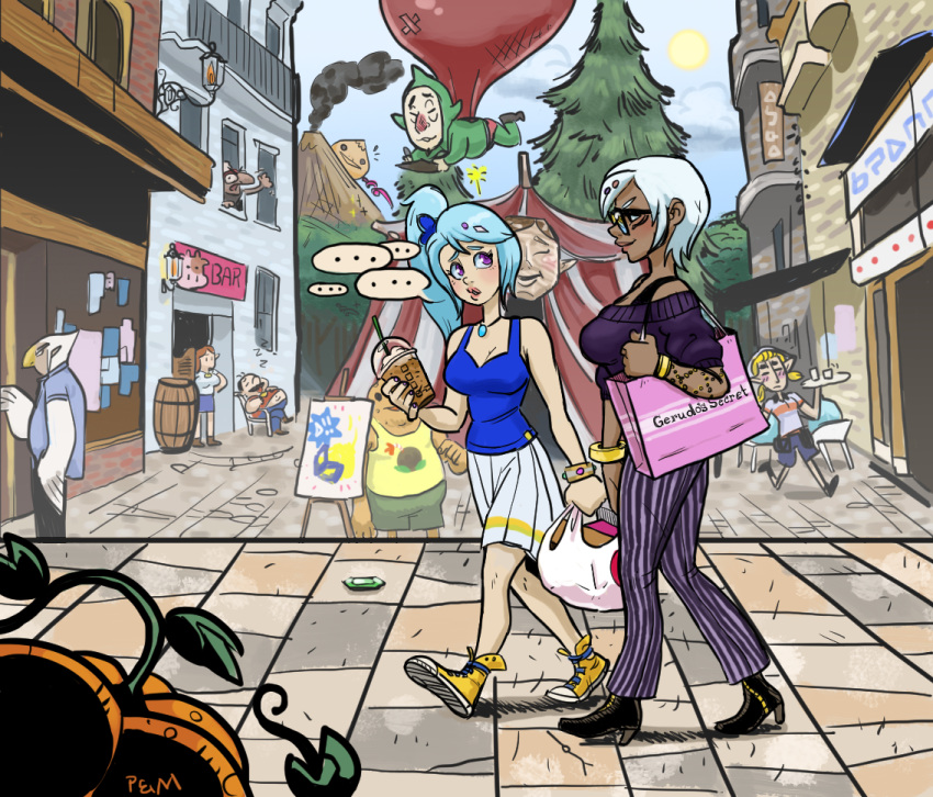 2girls, aqua_hair, bag, boots, breasts, casual, cia_(zelda_musou), colored, contemporary, dark_skin, goron, lana_(zelda_musou), large_breasts, long_hair, malon, multiple_girls, ocarina_of_time, pants, penelope_and_me, pinstripe_pattern, shoes, shopping, shopping_bag, short_hair, siblings, side_ponytail, sisters, skirt, sneakers, talon, tattoo, the_legend_of_zelda, tingle, violet_eyes, walking, white_hair, zelda_musou