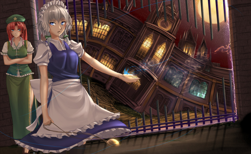 2girls, apron, blue_eyes, braid, chain, chinese_clothes, clock, crossed_arms
