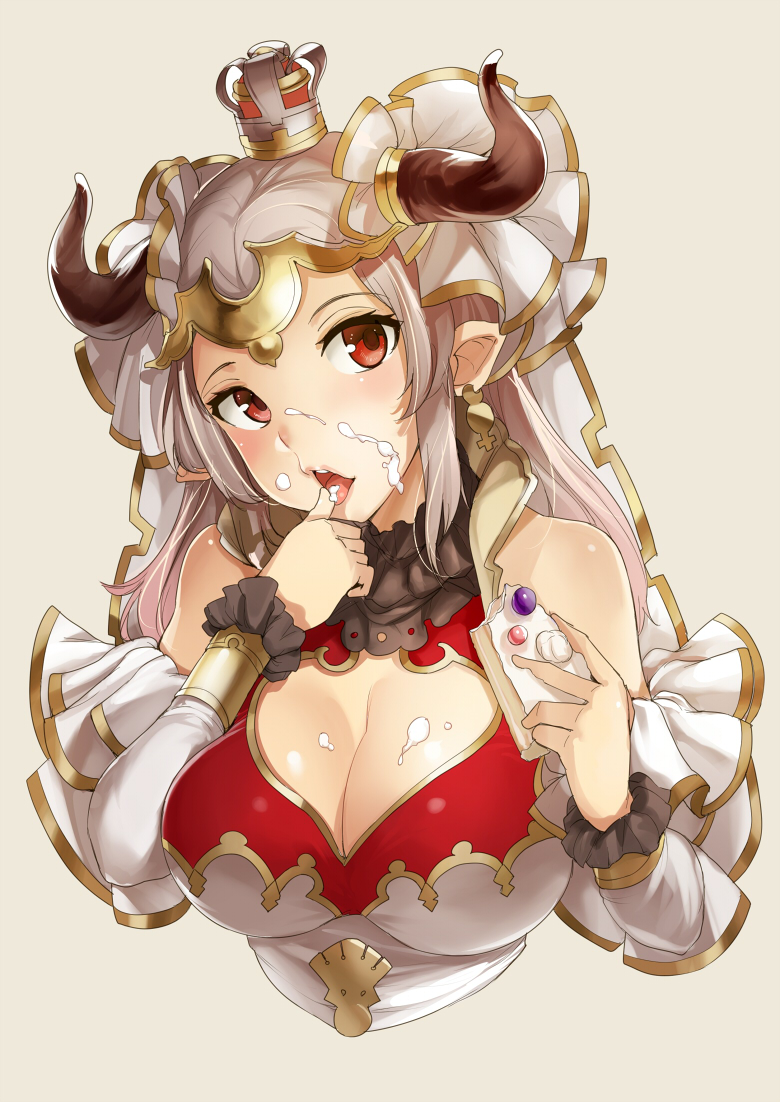 1girl, aleeza_(granblue_fantasy), bangs, breasts, cake, cleavage, cleavage_cutout, crown