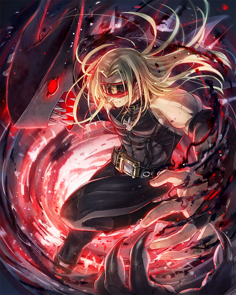 abs, bare_shoulders, blindfold, blonde_hair, eddie_(guilty_gear), guilty_gear, guilty_gear_xrd, oro_(sumakaita), zato-1