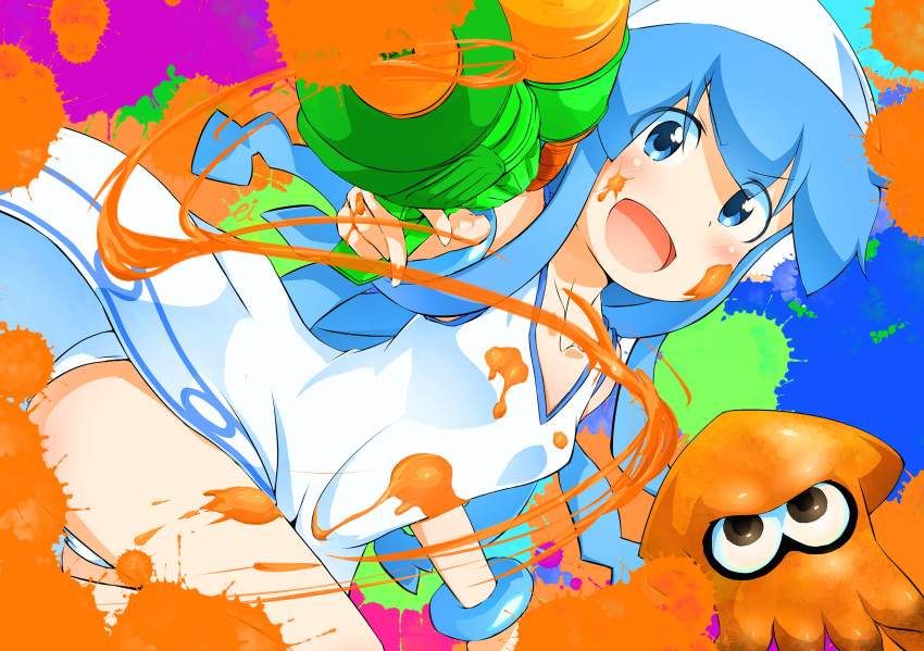 1girl, blue_eyes, blue_hair, blush, dress, ei_(ss4), hat, highres, ikamusume, long_hair, octarian, open_mouth, shinryaku!_ikamusume, smile, solo, splatoon, super_soaker, tentacle_hair, tentacles