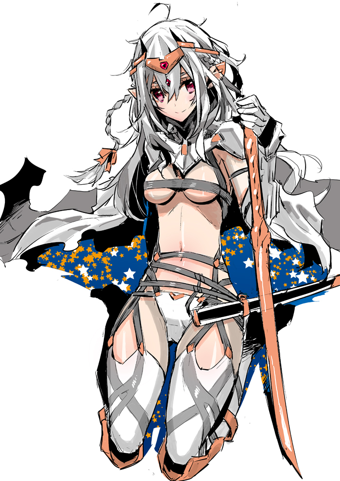 1girl, beltbra, breasts, detached_sleeves, garter_straps, long_hair, looking_at_viewer, original