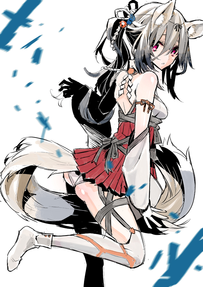 1girl, animal_ears, bare_shoulders, bell, between_legs, detached_sleeves, fox_ears, fox_tail