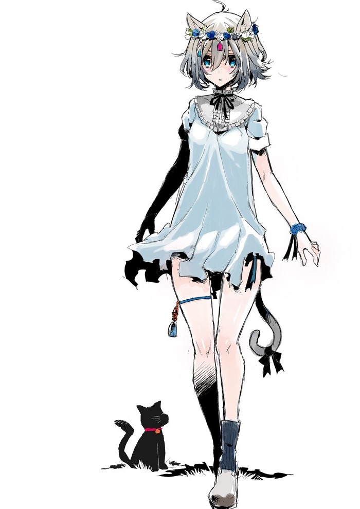 1girl, animal_ears, black_cat, blue_eyes, cat, cat_ears, cat_tail, dress, full_body, grey_hair, head_wreath, original, short_dress, short_hair, short_sleeves, solo, tail, tajima_ryoushi, walking